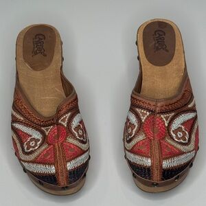 Carlos by Carlos Santana Embroidered Mules - Brown, Red, and White 2 inch heel